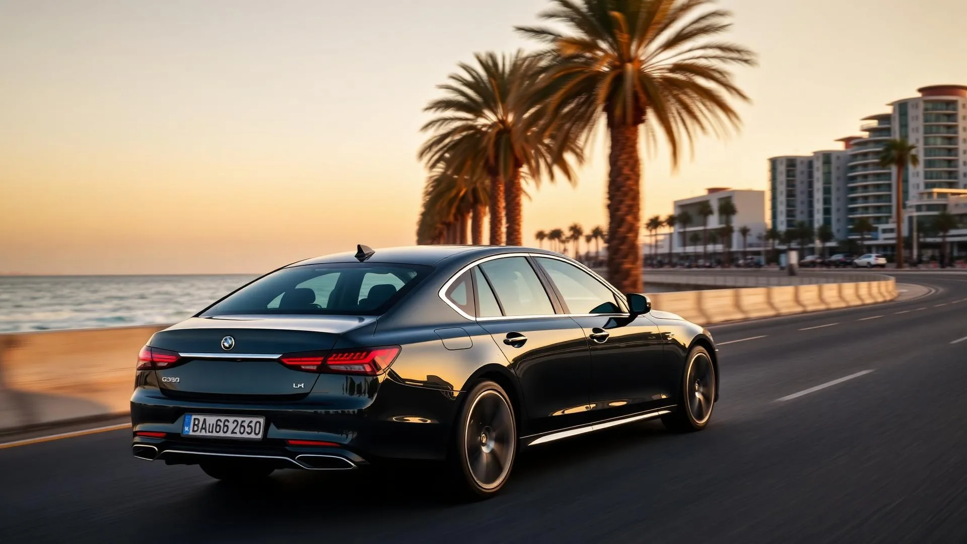 Voiture de location premium sur la corniche d'Agadir au coucher du soleil, océan Atlantique en arrière-plan